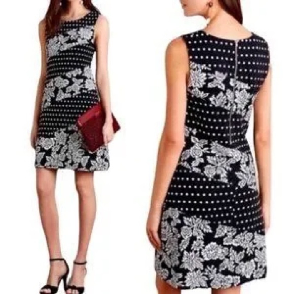Maeve Anthropologie Effamy Jacquard Sheath Dress Size M Black White Dot NWT